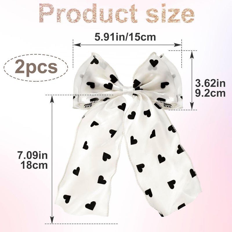 STSTR 2Pcs Large Hair Bow Clips, Silk Yarn Ribbon Bow Hair Barrette for Women, Elegant Long Tail Bowknot French Hair Accessories for Wedding, Parties, Festivals (White Bow Black Heart) - Image 2